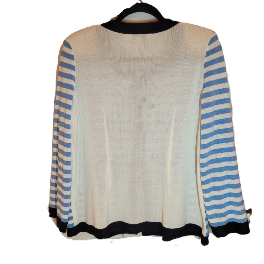 Misook Exclusively Women's Blue and White Stripe Navy Trim Cardigan Medium - Picture 5 of 13